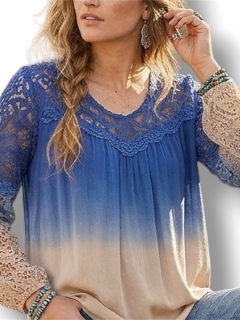 Umgee GUC Cotton Ombre Dip Dye Lace Boho Blue Tan Tunic Blouse Size Small